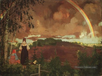 paysage avec deux filles paysannes et un arc en ciel Konstantin Somov Peinture à l'huile
